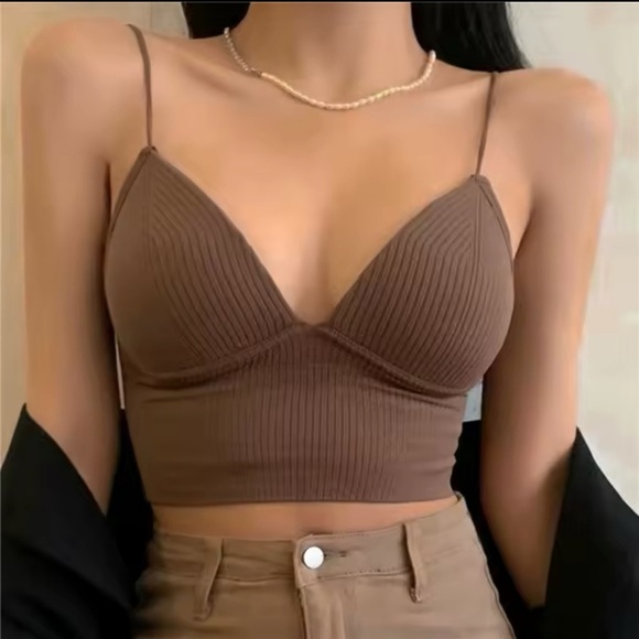 Tops - ☀️ Summer V-Neck Ribbed Camisol Stretch Push Up Cropped Bralette Color Cafe